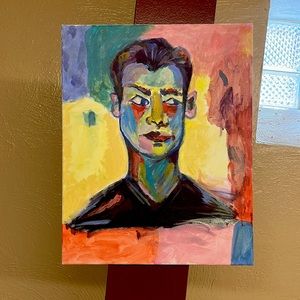 Acrylic on canvas portrait of unknown person. Painted by me and a little girl.